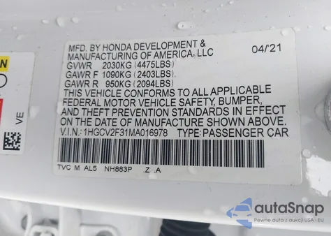 2021 Honda Accord Sport 2.0T z USA, uszkodzony, nr VIN 1HGCV2F31MA016978